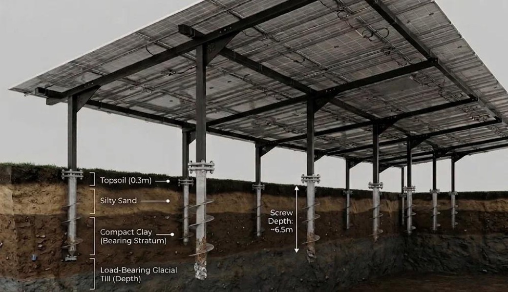 Cross-section showing ground screw foundations driven to load-bearing strata beneath a solar car port