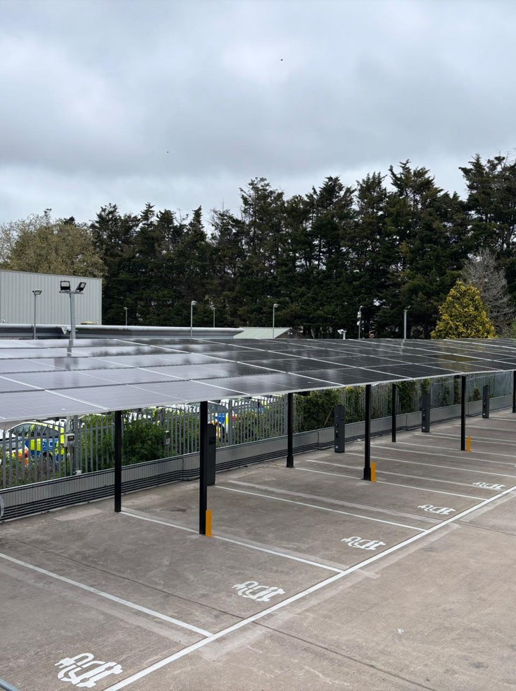 Modular Concrete-Bolted Solar Car Port system installed on a UK commercial car park