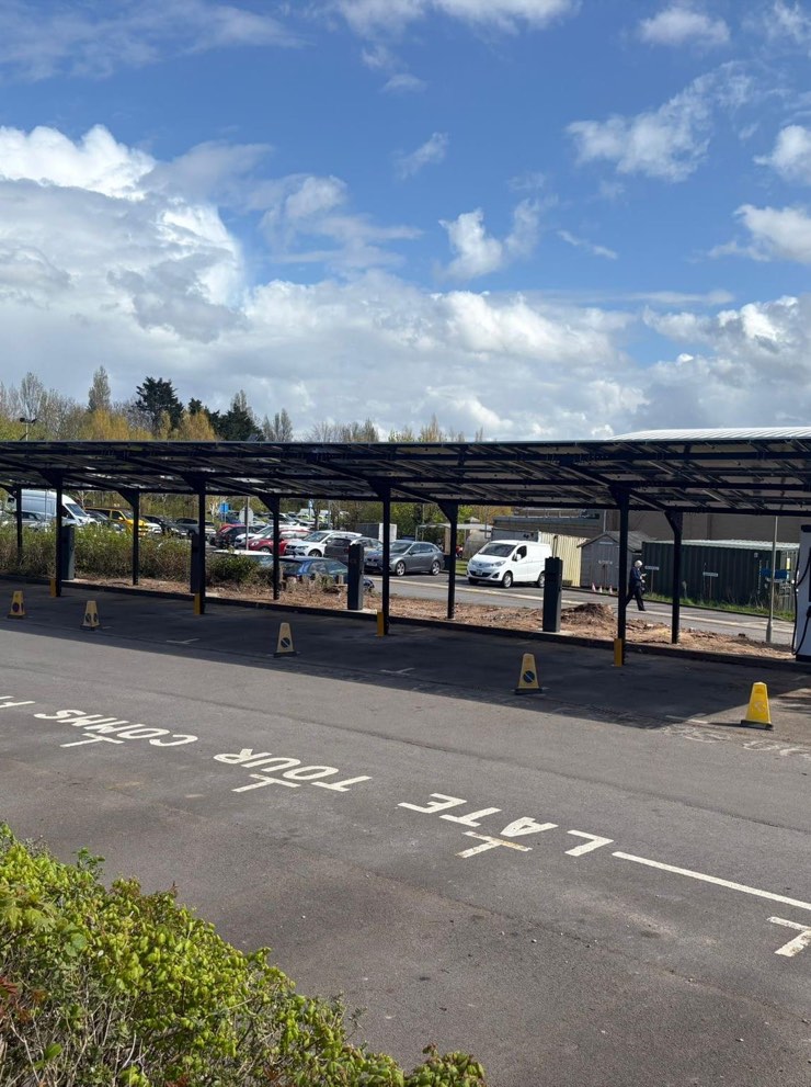 Modular Ground Screw Solar Car Port system installed on a UK commercial car park