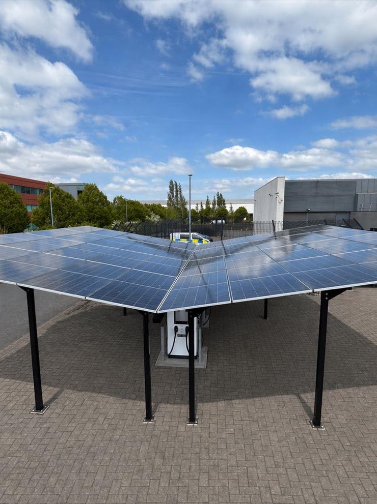 Modular Gullwing Solar Car Port system installed on a UK commercial car park