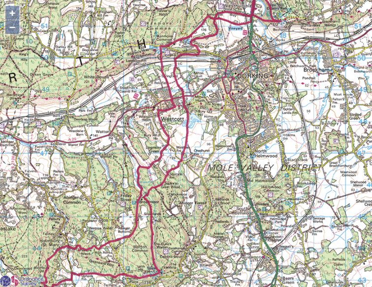 surrey-three-peaks-route-map The OS Explorer 146 Map includes the complete Surrey Three Peaks route - as above, the route combines sections of the North Downs Way, Leith Hill Greenway, Mole Gap Trail, Pilgrim's Way and the Greensand Way.